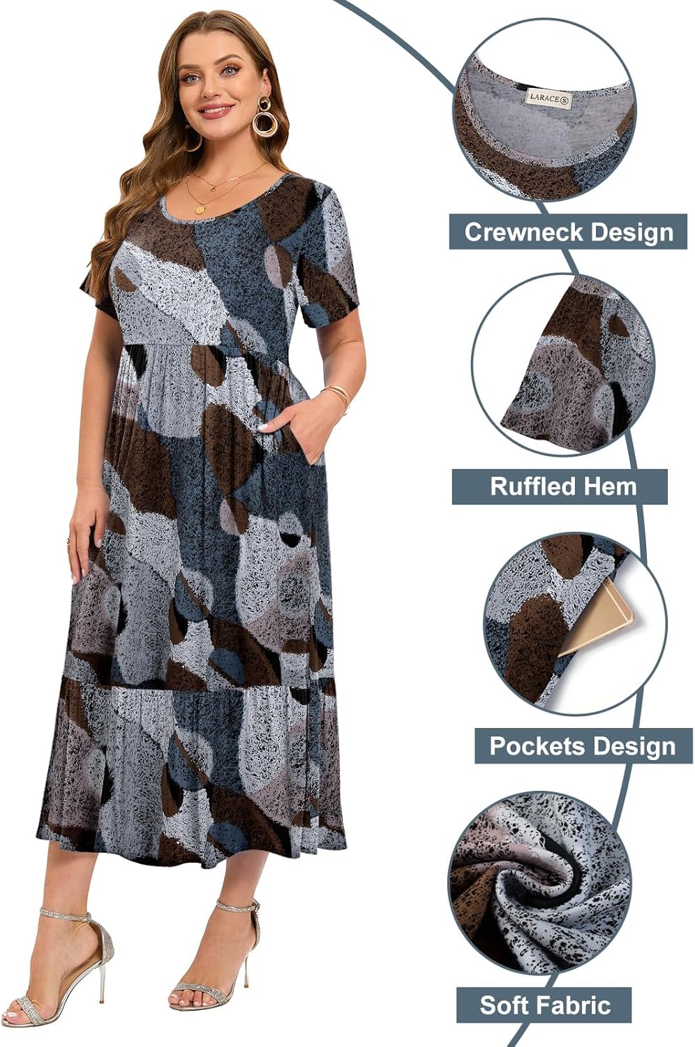 LARACE Plus Size Dresses for Women Summer Casual Short Sleeve Long Dress Flowy Maxi Beach Dresses with Pockets L-6XL