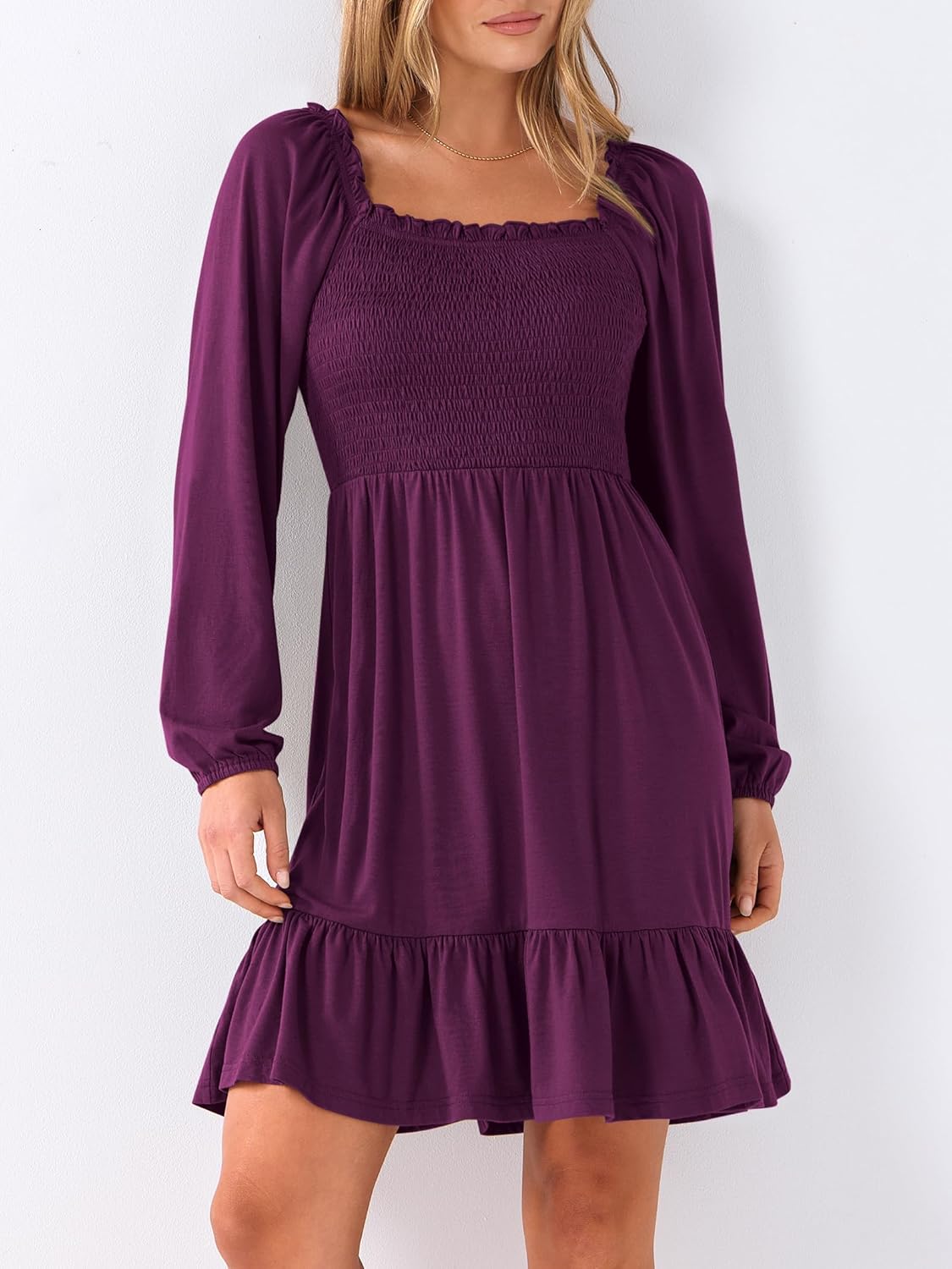 Womens Long Lantern Sleeve Square Neck Dress Smocked Tiered High Waist Ruffle Flowy Swing 2025