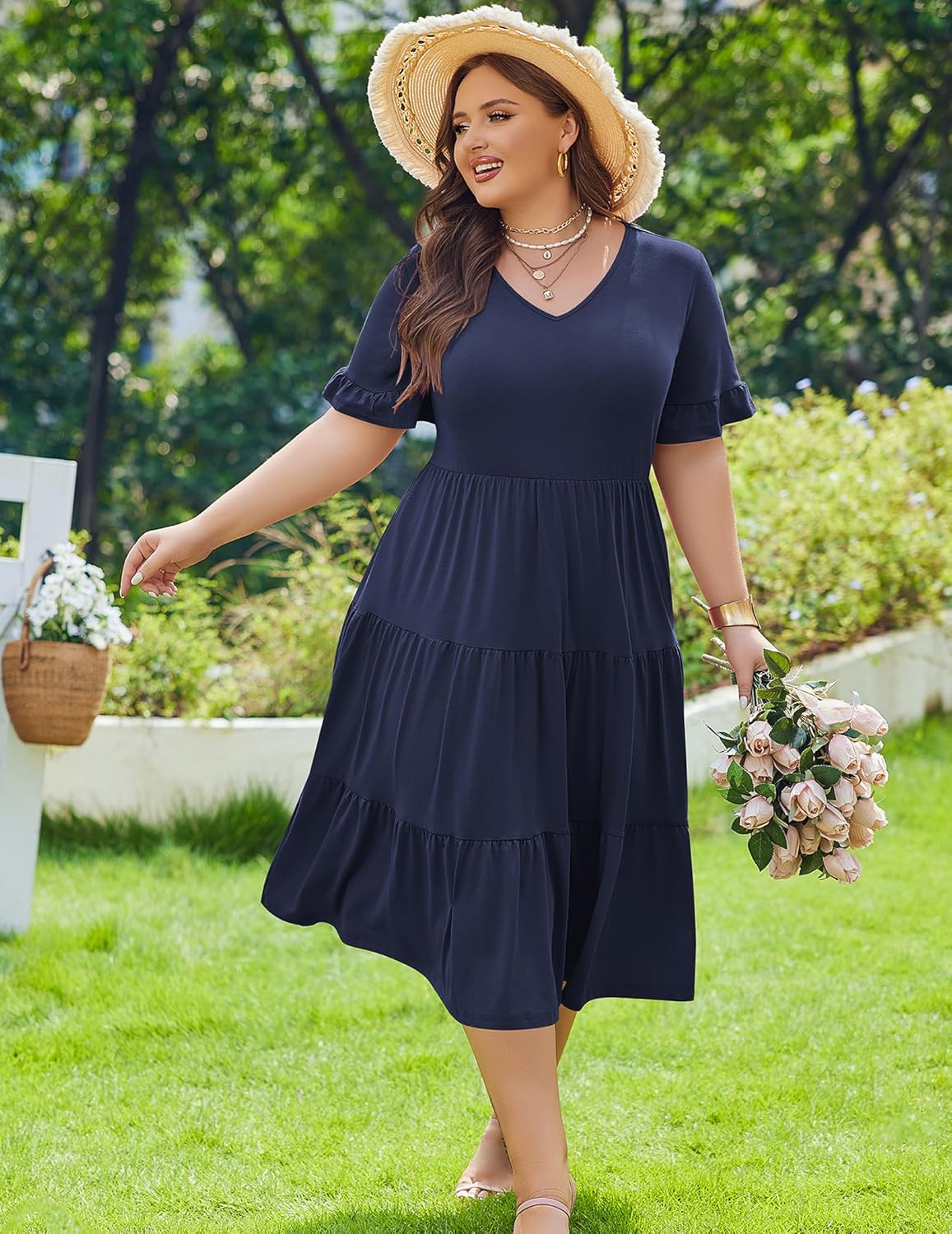 Womens Plus Size Short Sleeve Dress Summer Midi Casual Tiered V-Neck Aline Flowy Loose Dresses
