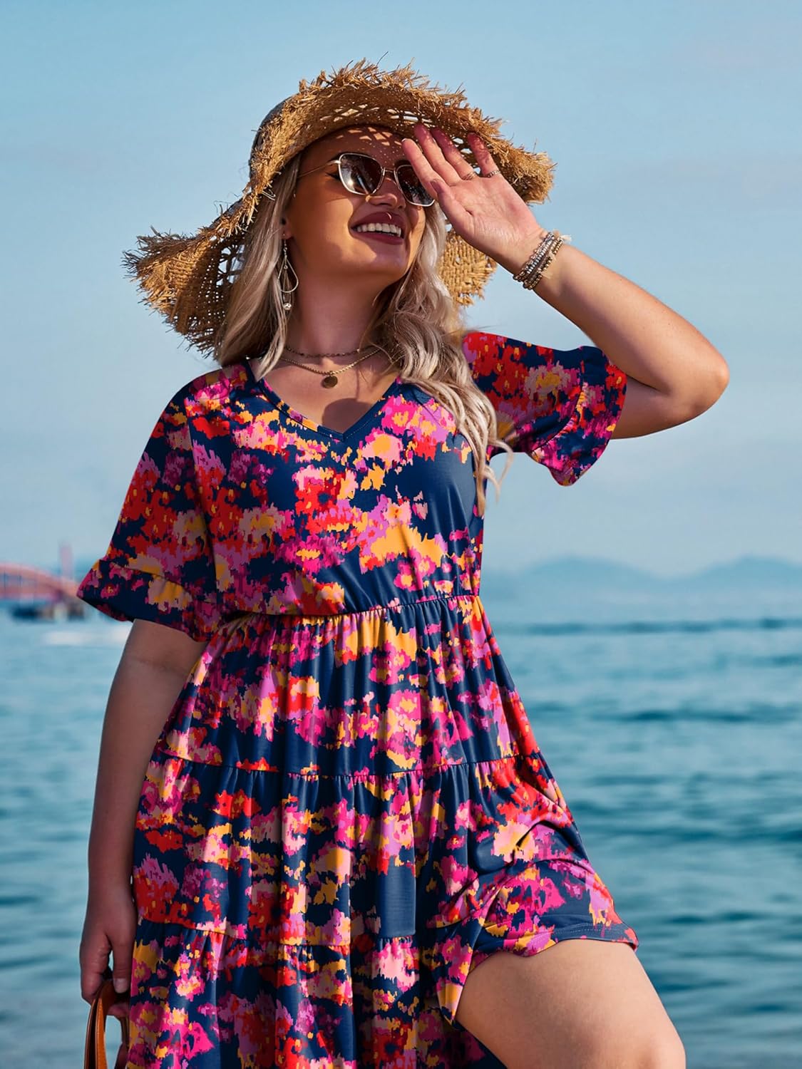 Womens Plus Size Short Sleeve Dress Summer Midi Casual Tiered V-Neck Aline Flowy Loose Dresses