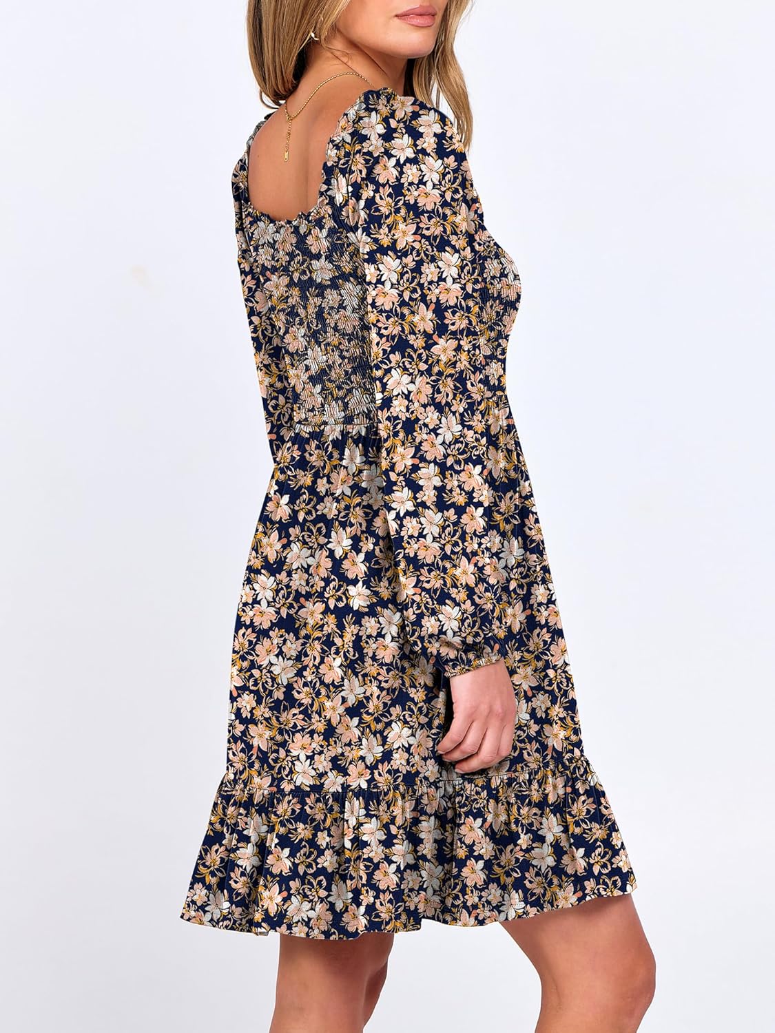 Womens Long Lantern Sleeve Square Neck Dress Smocked Tiered High Waist Ruffle Flowy Swing 2025