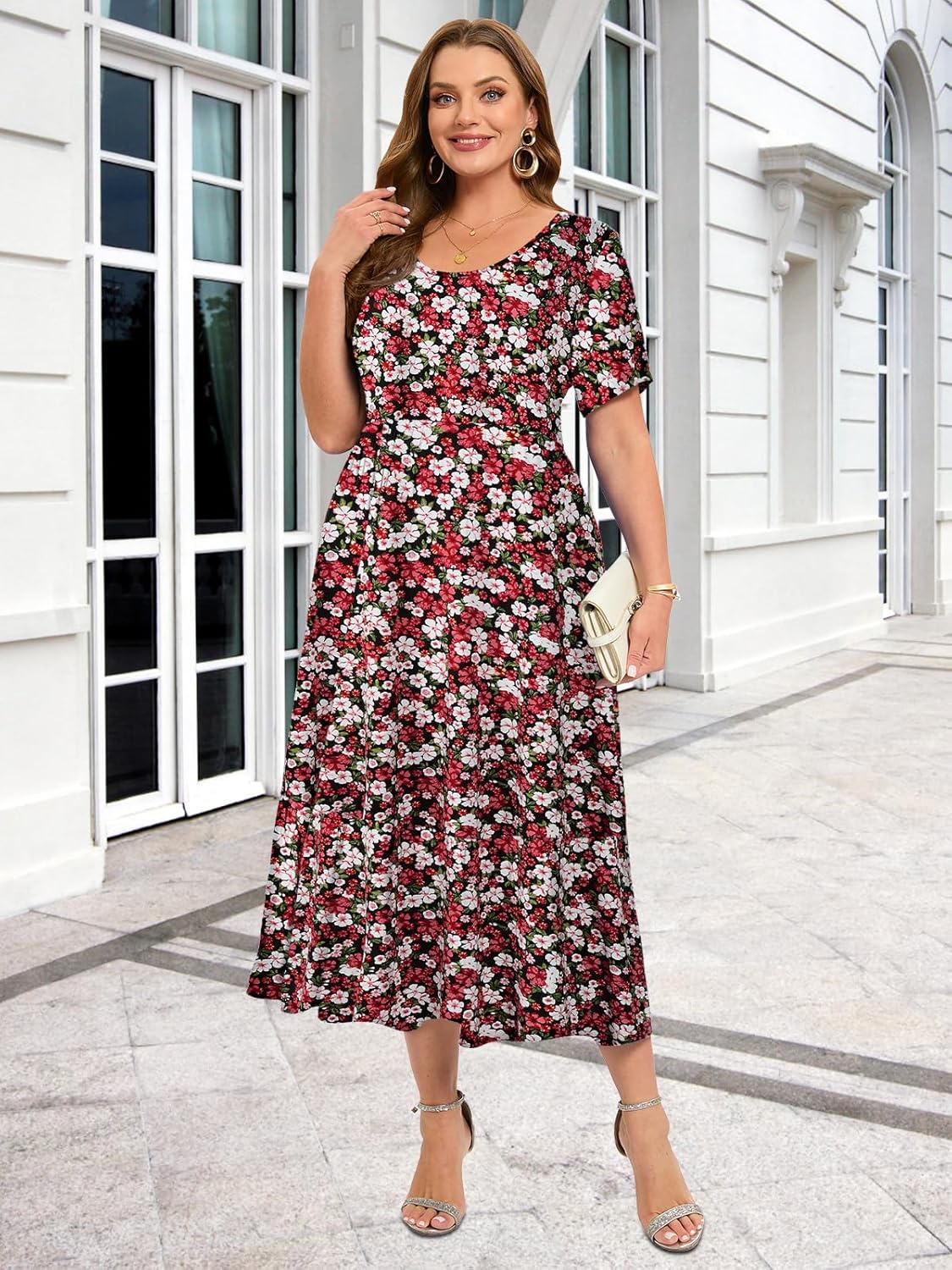 LARACE Plus Size Dresses for Women Summer Casual Short Sleeve Long Dress Flowy Maxi Beach Dresses with Pockets L-6XL