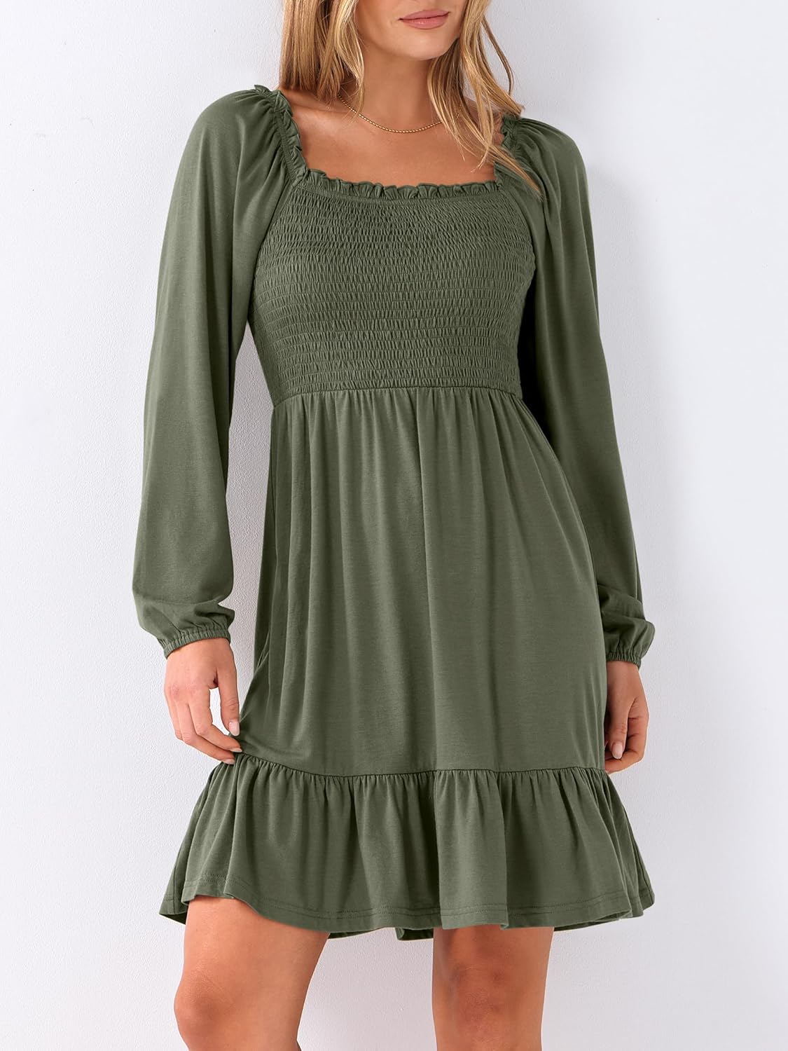 Womens Long Lantern Sleeve Square Neck Dress Smocked Tiered High Waist Ruffle Flowy Swing 2025