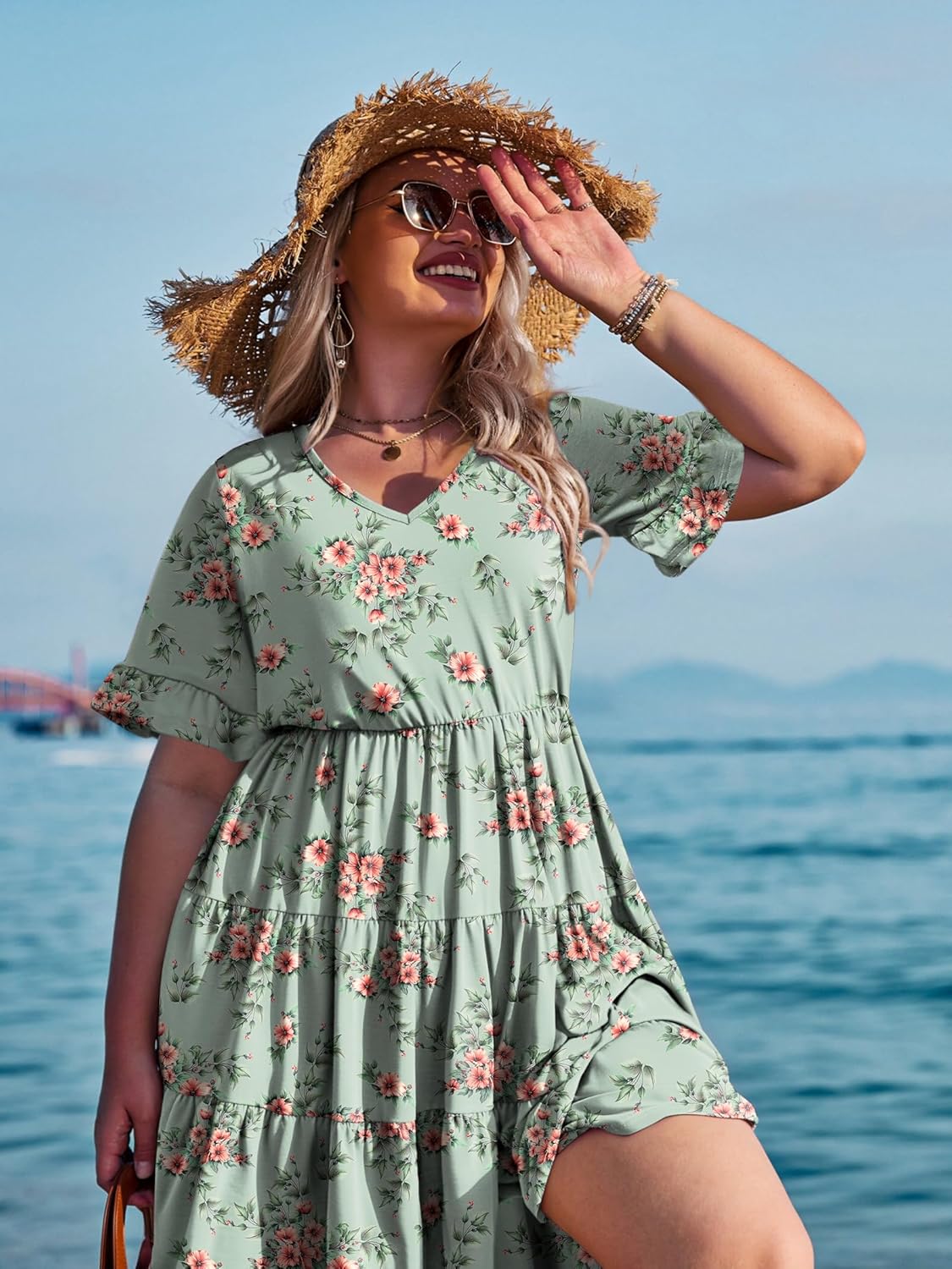 Womens Plus Size Short Sleeve Dress Summer Midi Casual Tiered V-Neck Aline Flowy Loose Dresses