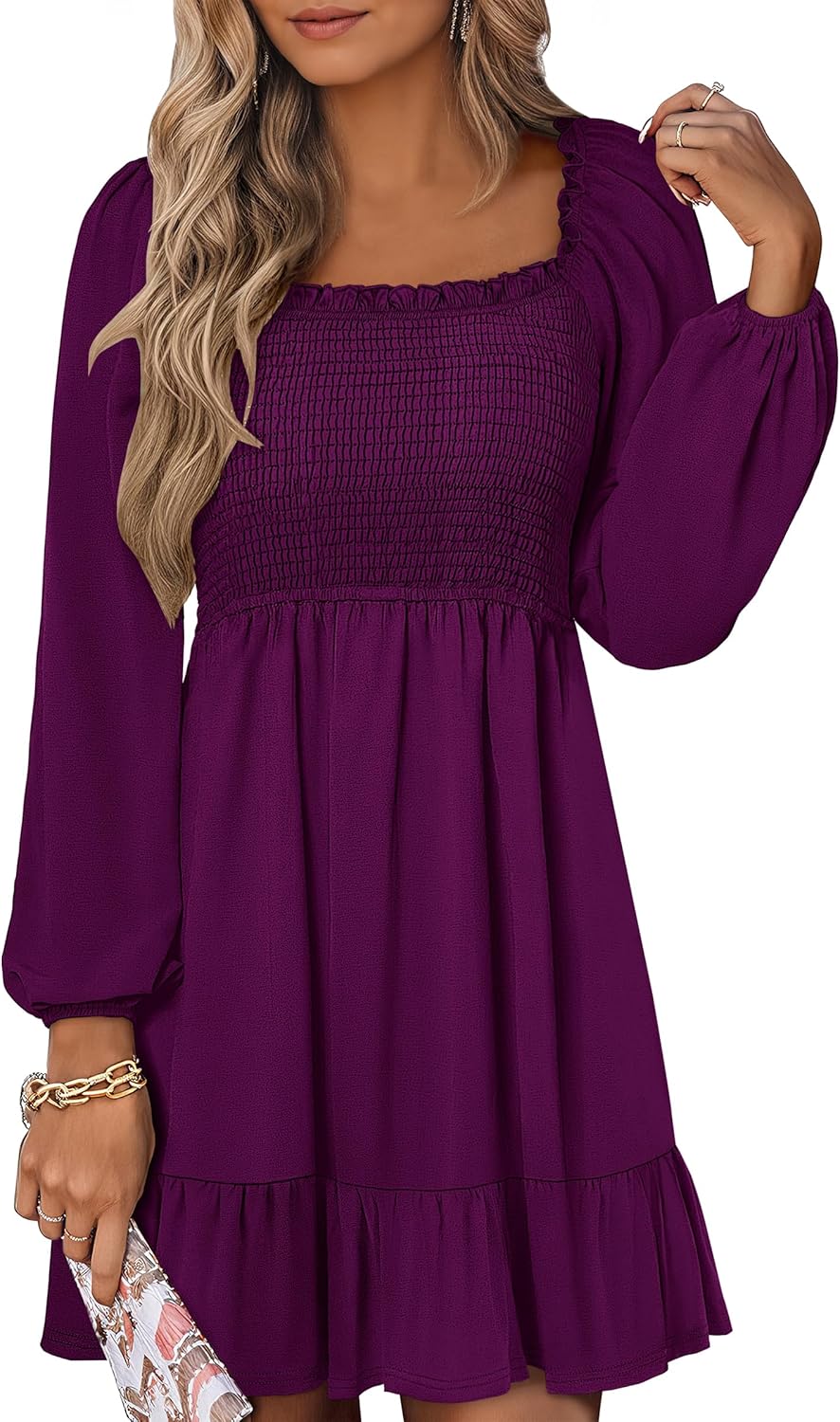Womens Long Lantern Sleeve Square Neck Dress Smocked Tiered High Waist Ruffle Flowy Swing 2025