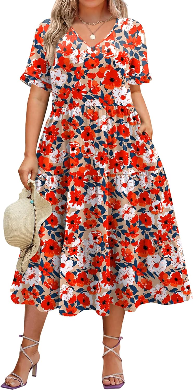 Womens Plus Size Short Sleeve Dress Summer Midi Casual Tiered V-Neck Aline Flowy Loose Dresses