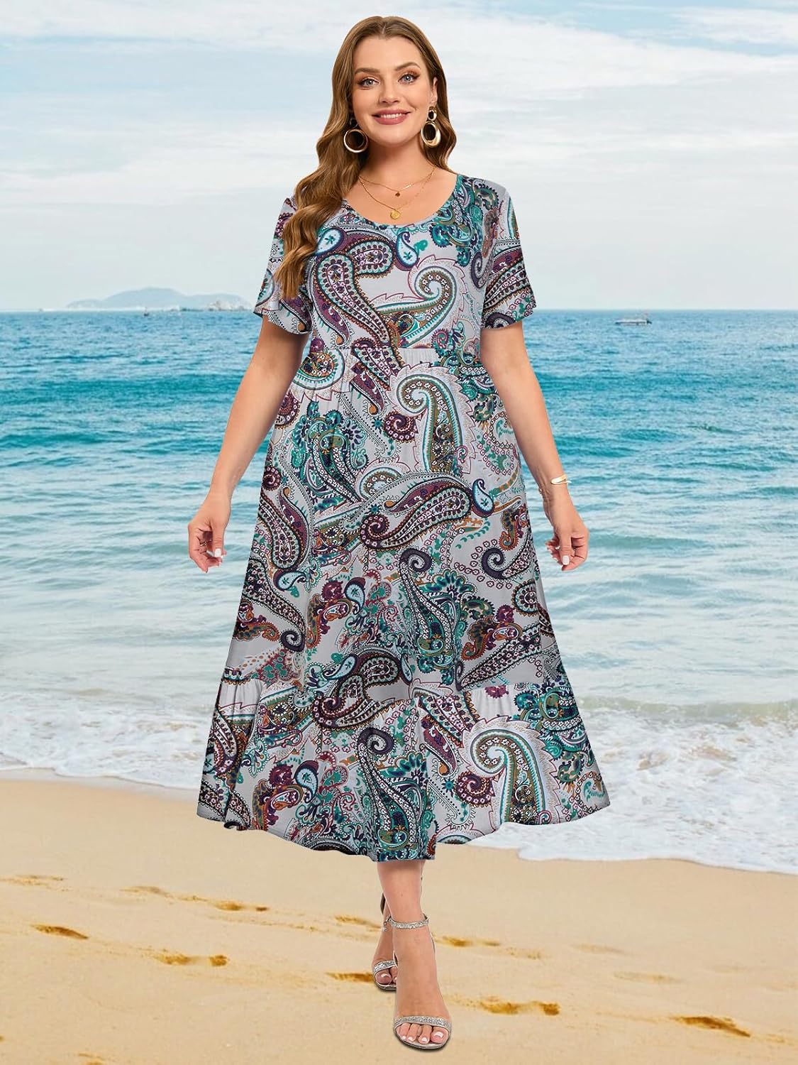 LARACE Plus Size Dresses for Women Summer Casual Short Sleeve Long Dress Flowy Maxi Beach Dresses with Pockets L-6XL