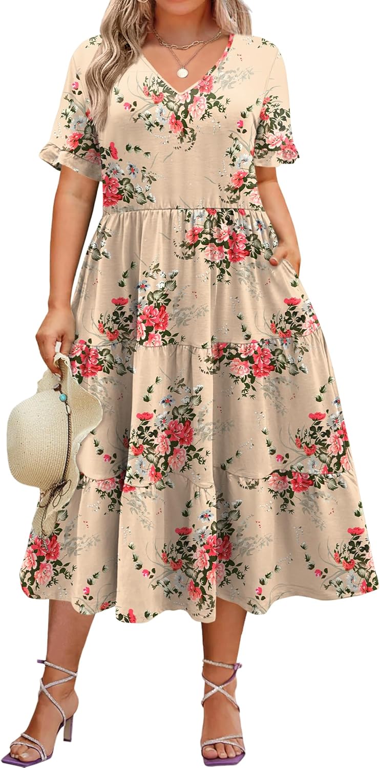 Womens Plus Size Short Sleeve Dress Summer Midi Casual Tiered V-Neck Aline Flowy Loose Dresses