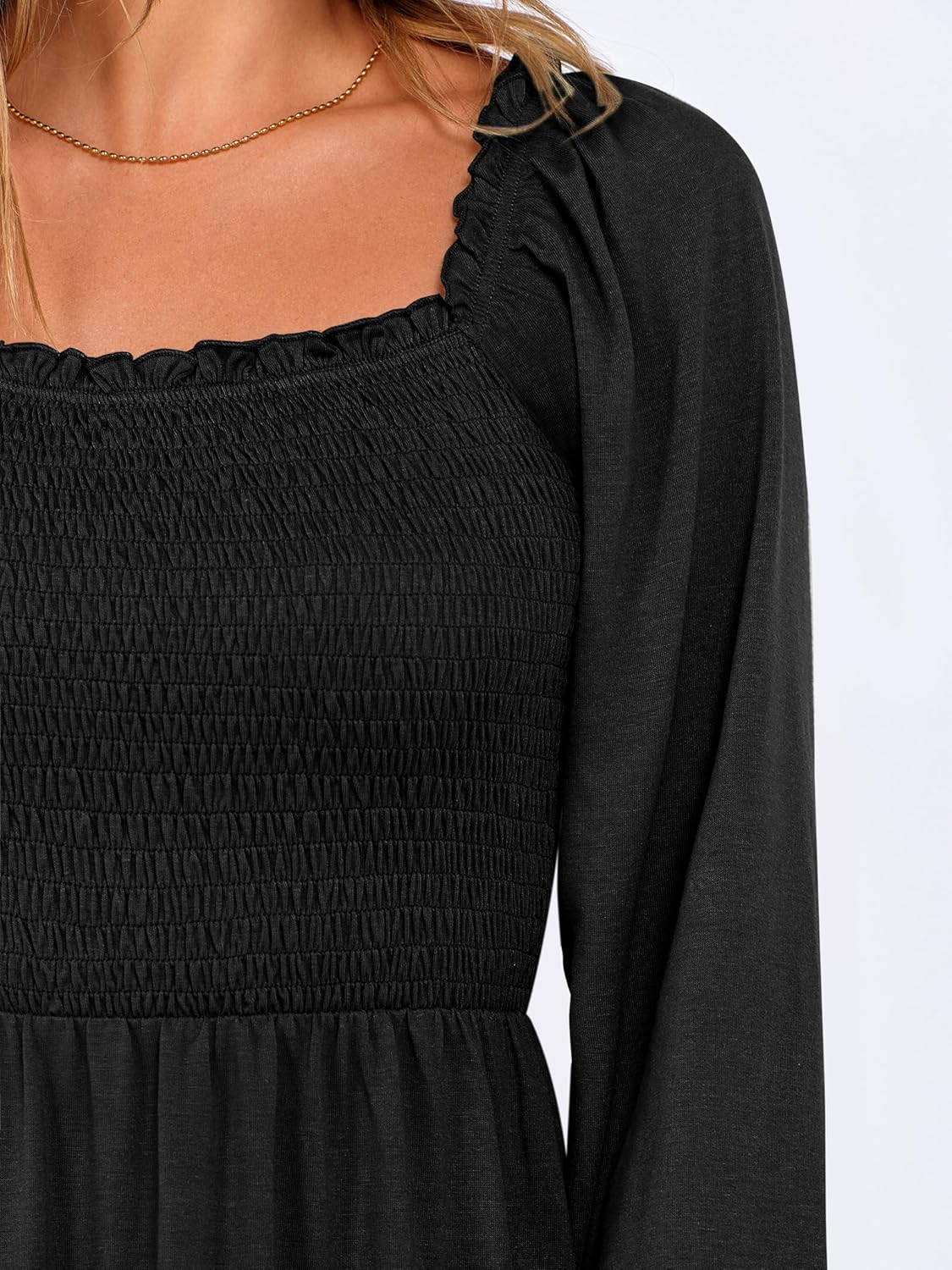 Womens Long Lantern Sleeve Square Neck Dress Smocked Tiered High Waist Ruffle Flowy Swing 2025