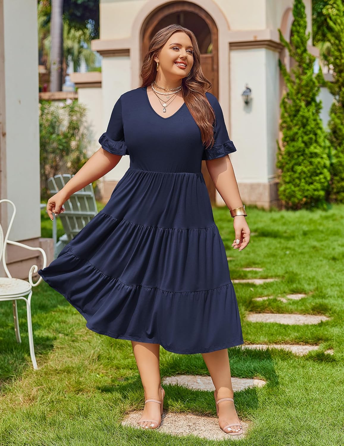 Womens Plus Size Short Sleeve Dress Summer Midi Casual Tiered V-Neck Aline Flowy Loose Dresses
