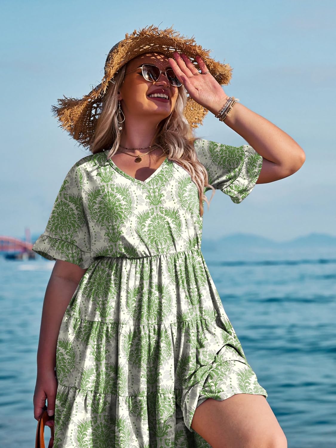 Womens Plus Size Short Sleeve Dress Summer Midi Casual Tiered V-Neck Aline Flowy Loose Dresses