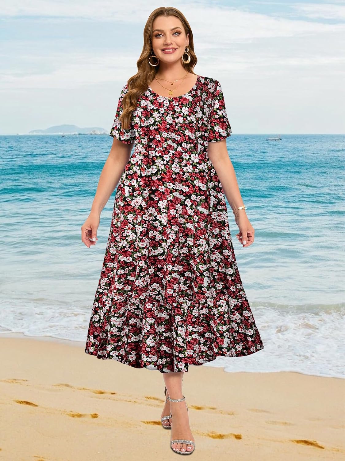 LARACE Plus Size Dresses for Women Summer Casual Short Sleeve Long Dress Flowy Maxi Beach Dresses with Pockets L-6XL