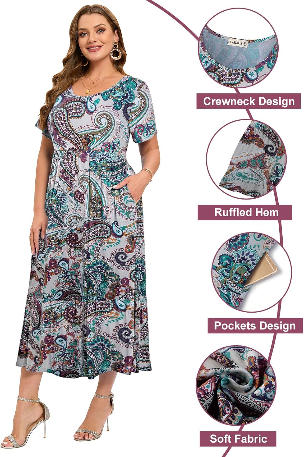 LARACE Plus Size Dresses for Women Summer Casual Short Sleeve Long Dress Flowy Maxi Beach Dresses with Pockets L-6XL