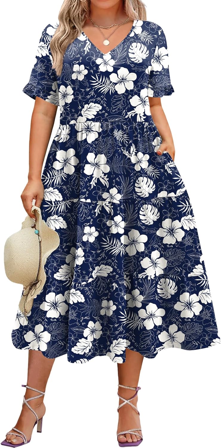 Womens Plus Size Short Sleeve Dress Summer Midi Casual Tiered V-Neck Aline Flowy Loose Dresses