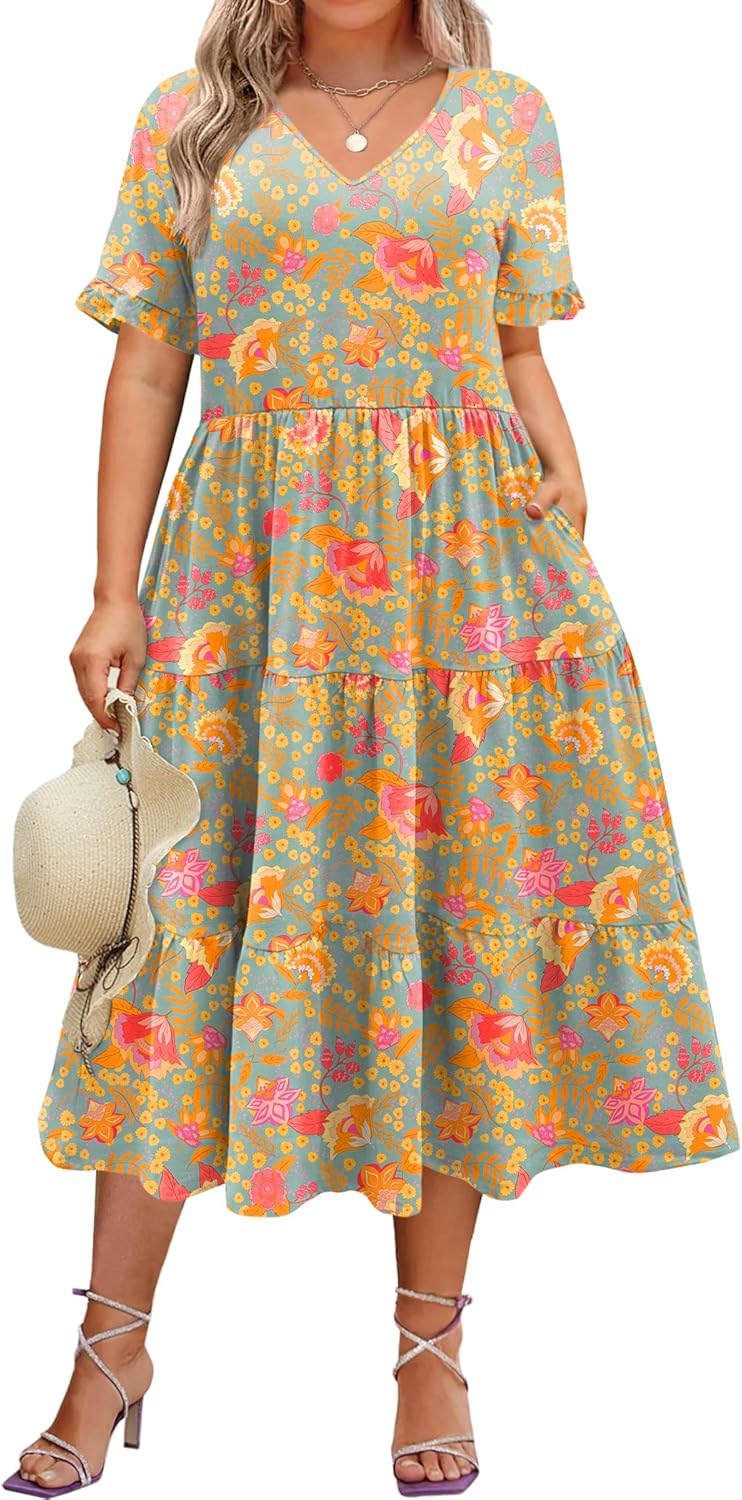 Womens Plus Size Short Sleeve Dress Summer Midi Casual Tiered V-Neck Aline Flowy Loose Dresses