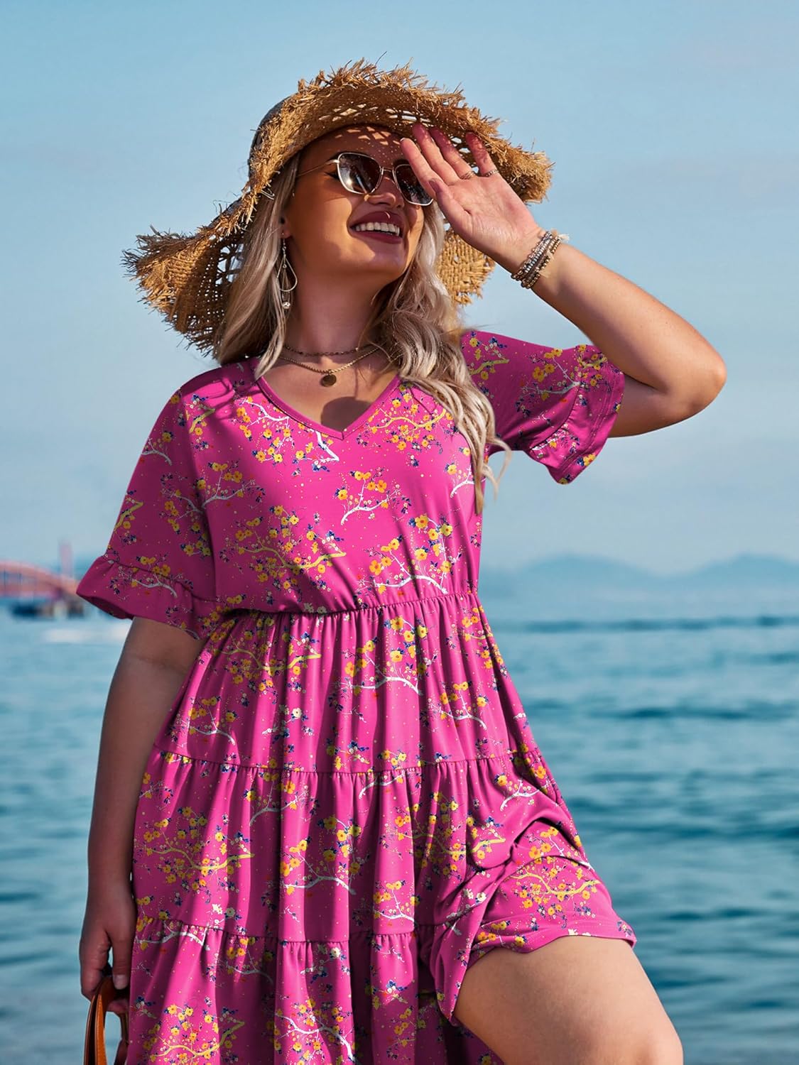 Womens Plus Size Short Sleeve Dress Summer Midi Casual Tiered V-Neck Aline Flowy Loose Dresses