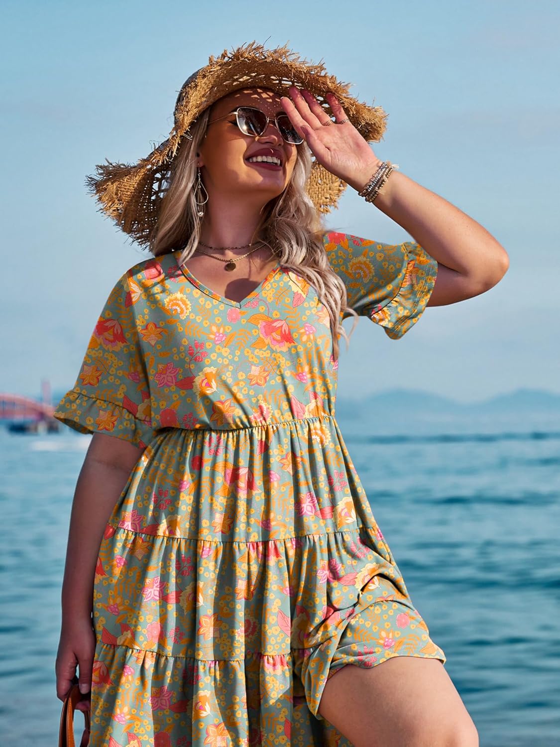Womens Plus Size Short Sleeve Dress Summer Midi Casual Tiered V-Neck Aline Flowy Loose Dresses