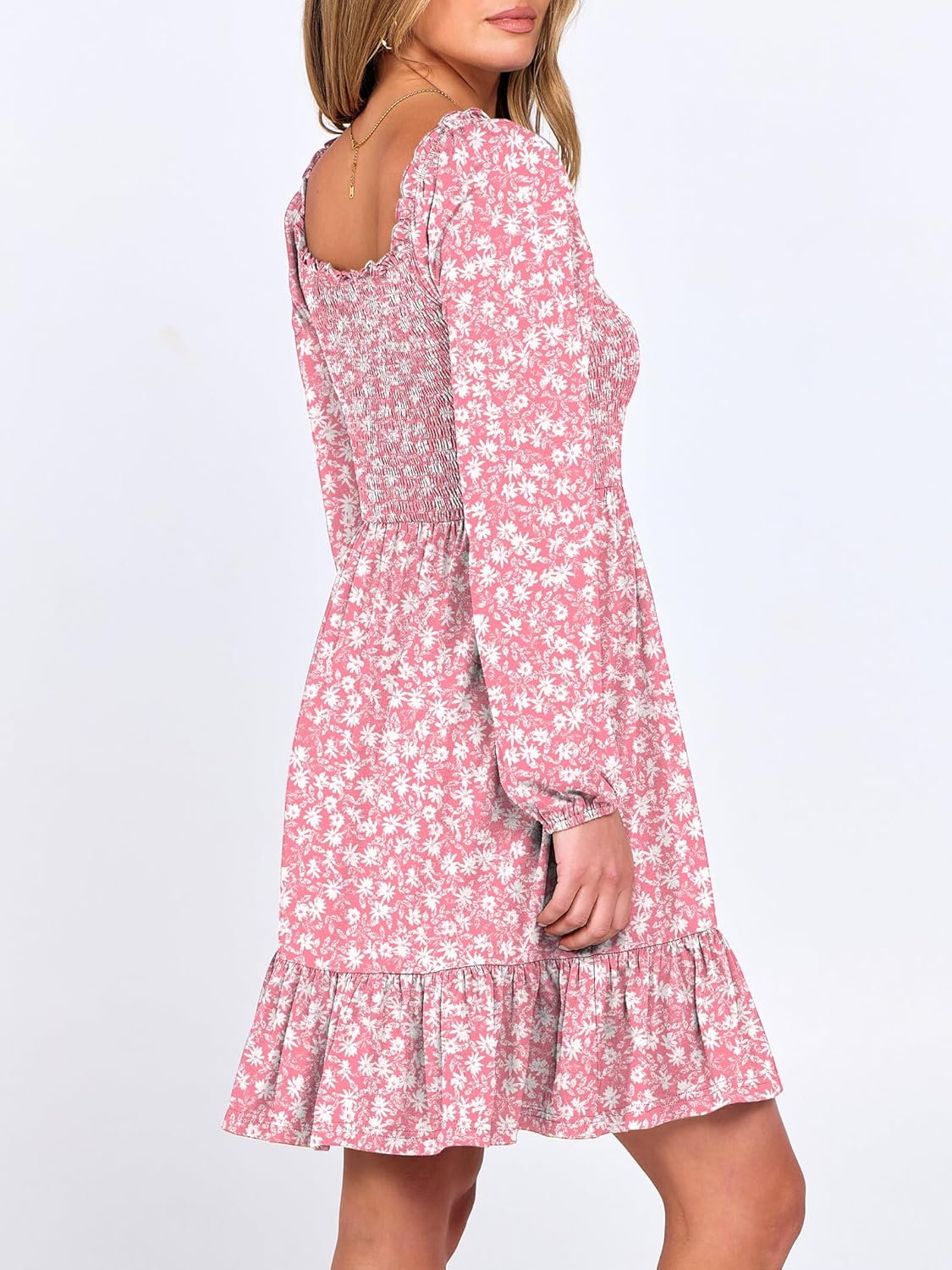 Womens Long Lantern Sleeve Square Neck Dress Smocked Tiered High Waist Ruffle Flowy Swing 2025