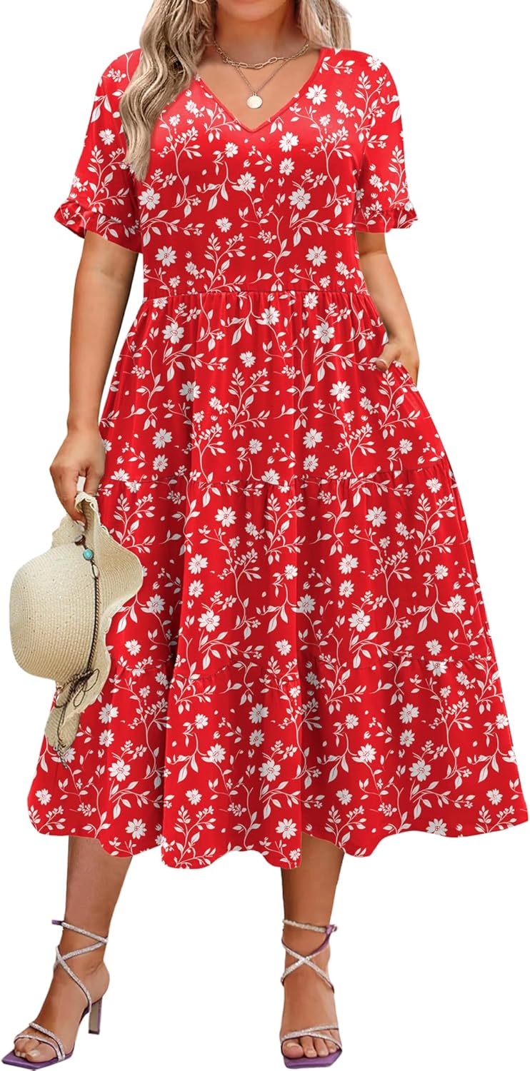 Womens Plus Size Short Sleeve Dress Summer Midi Casual Tiered V-Neck Aline Flowy Loose Dresses