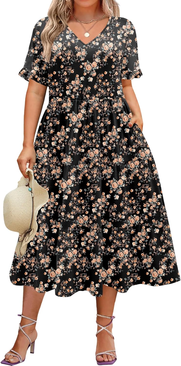 Womens Plus Size Short Sleeve Dress Summer Midi Casual Tiered V-Neck Aline Flowy Loose Dresses