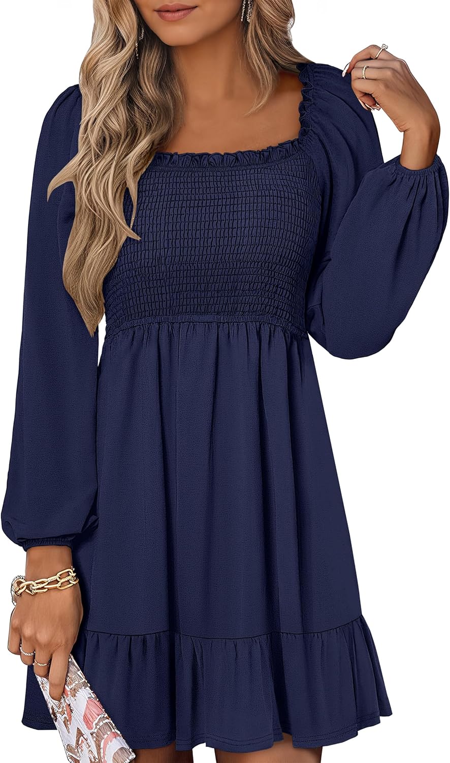 Womens Long Lantern Sleeve Square Neck Dress Smocked Tiered High Waist Ruffle Flowy Swing 2025