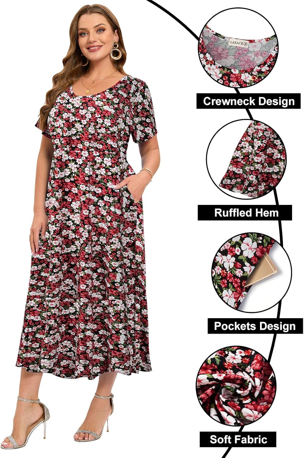 LARACE Plus Size Dresses for Women Summer Casual Short Sleeve Long Dress Flowy Maxi Beach Dresses with Pockets L-6XL