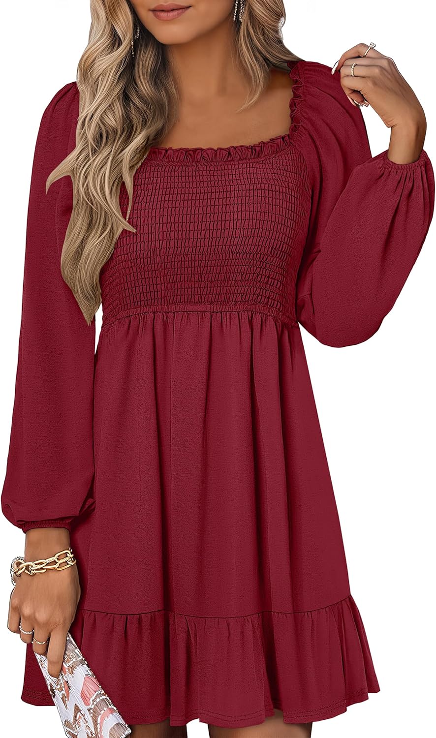 Womens Long Lantern Sleeve Square Neck Dress Smocked Tiered High Waist Ruffle Flowy Swing 2025