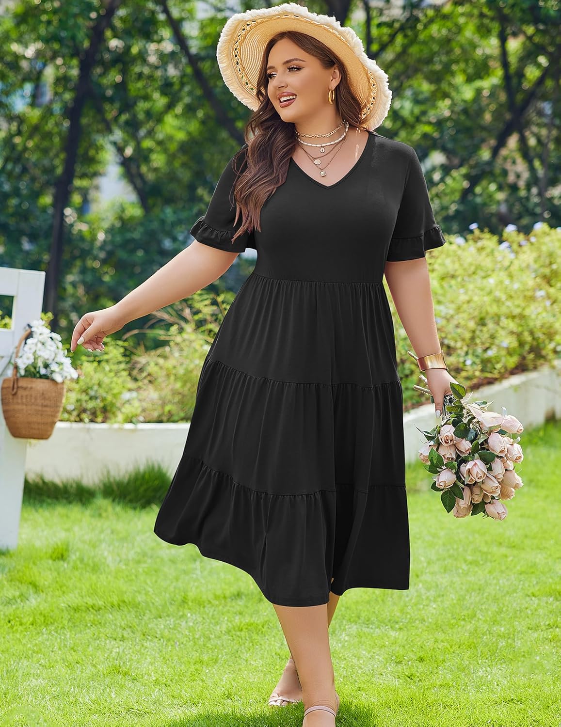 Womens Plus Size Short Sleeve Dress Summer Midi Casual Tiered V-Neck Aline Flowy Loose Dresses