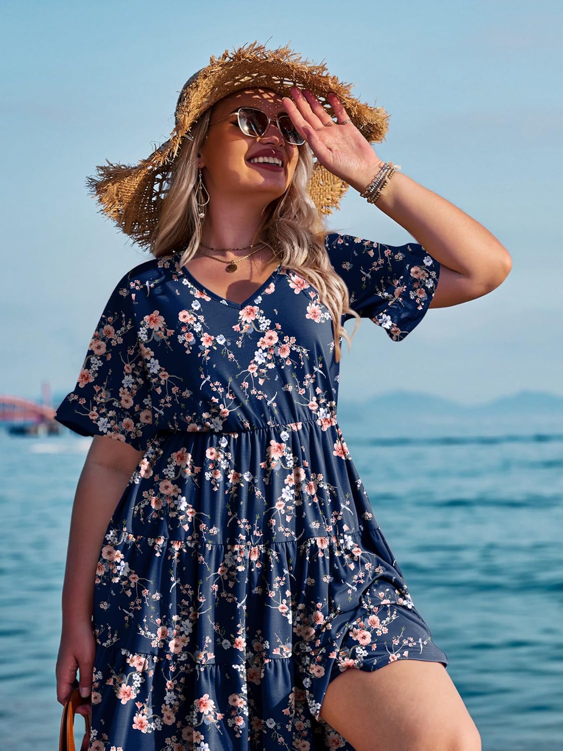 Womens Plus Size Short Sleeve Dress Summer Midi Casual Tiered V-Neck Aline Flowy Loose Dresses