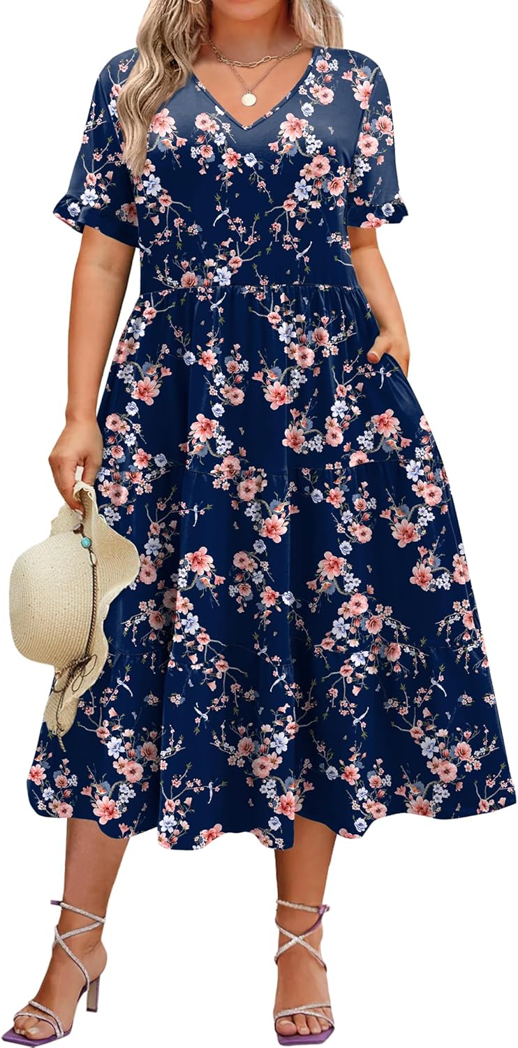 Womens Plus Size Short Sleeve Dress Summer Midi Casual Tiered V-Neck Aline Flowy Loose Dresses