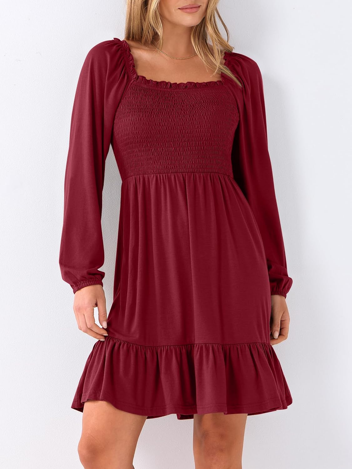 Womens Long Lantern Sleeve Square Neck Dress Smocked Tiered High Waist Ruffle Flowy Swing 2025