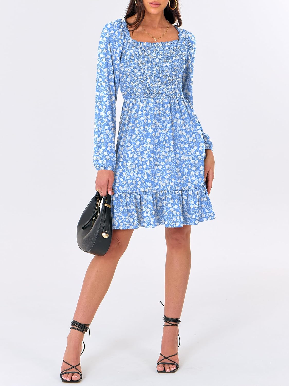 Womens Long Lantern Sleeve Square Neck Dress Smocked Tiered High Waist Ruffle Flowy Swing 2025