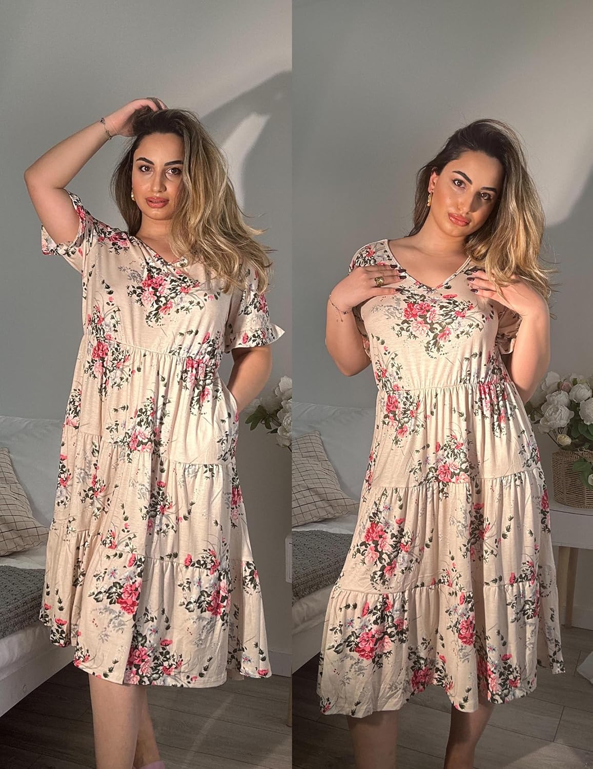 Womens Plus Size Short Sleeve Dress Summer Midi Casual Tiered V-Neck Aline Flowy Loose Dresses