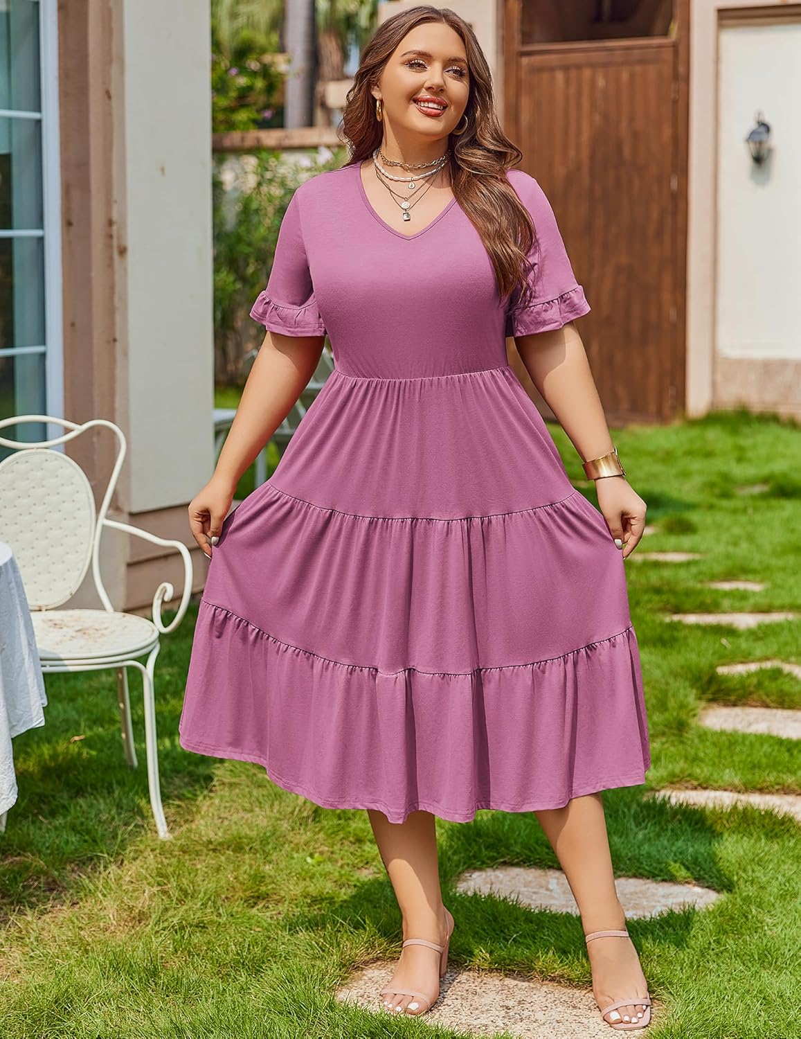 Womens Plus Size Short Sleeve Dress Summer Midi Casual Tiered V-Neck Aline Flowy Loose Dresses