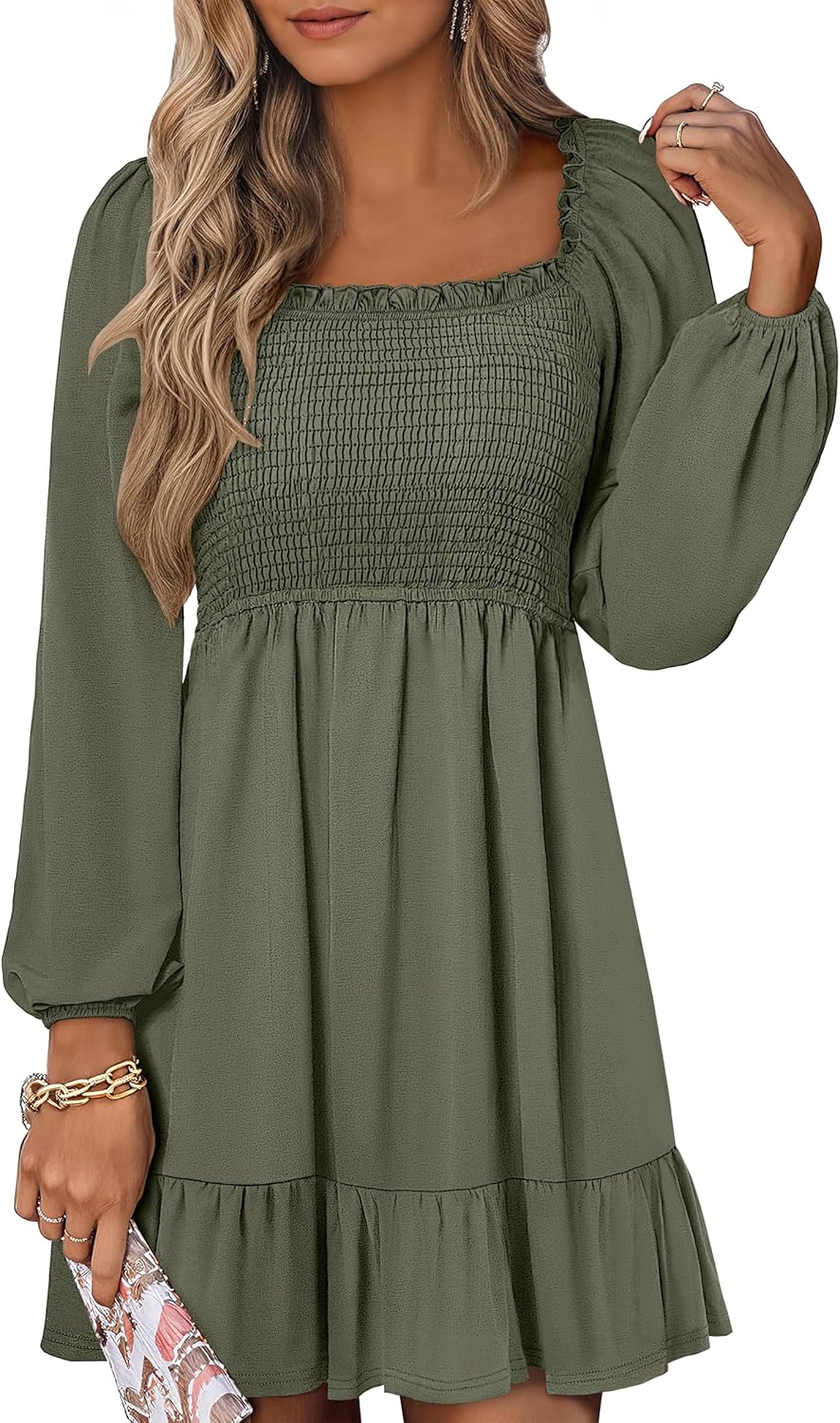 Womens Long Lantern Sleeve Square Neck Dress Smocked Tiered High Waist Ruffle Flowy Swing 2025