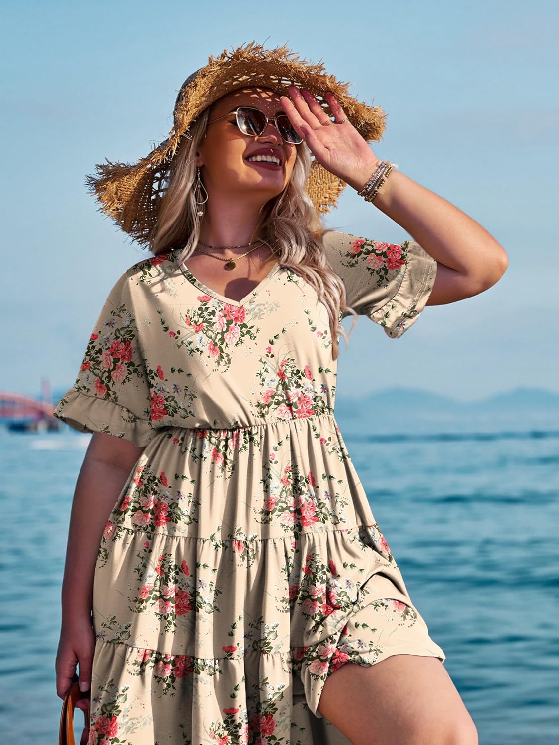 Womens Plus Size Short Sleeve Dress Summer Midi Casual Tiered V-Neck Aline Flowy Loose Dresses