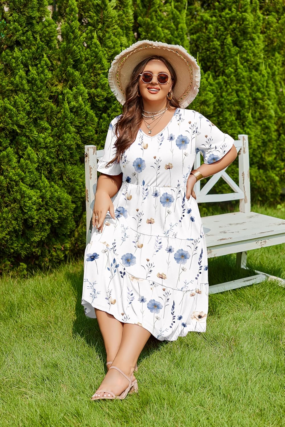 Womens Plus Size Short Sleeve Dress Summer Midi Casual Tiered V-Neck Aline Flowy Loose Dresses