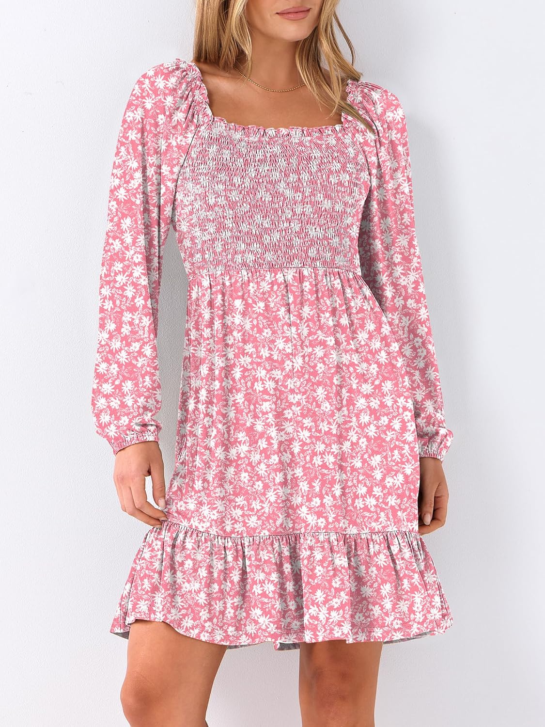 Womens Long Lantern Sleeve Square Neck Dress Smocked Tiered High Waist Ruffle Flowy Swing 2025