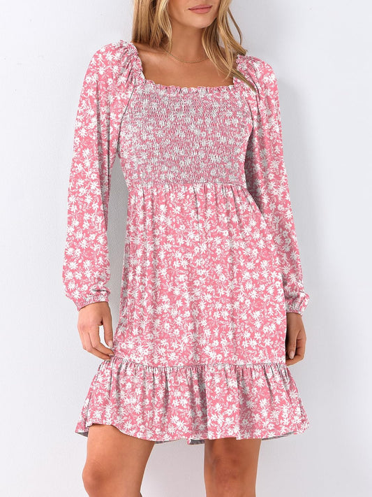 Womens Long Lantern Sleeve Square Neck Dress Smocked Tiered High Waist Ruffle Flowy Swing 2025