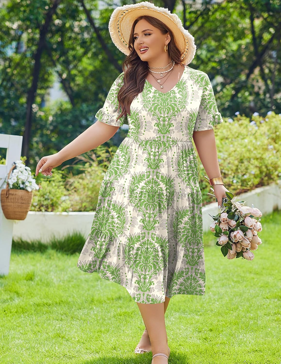 Womens Plus Size Short Sleeve Dress Summer Midi Casual Tiered V-Neck Aline Flowy Loose Dresses