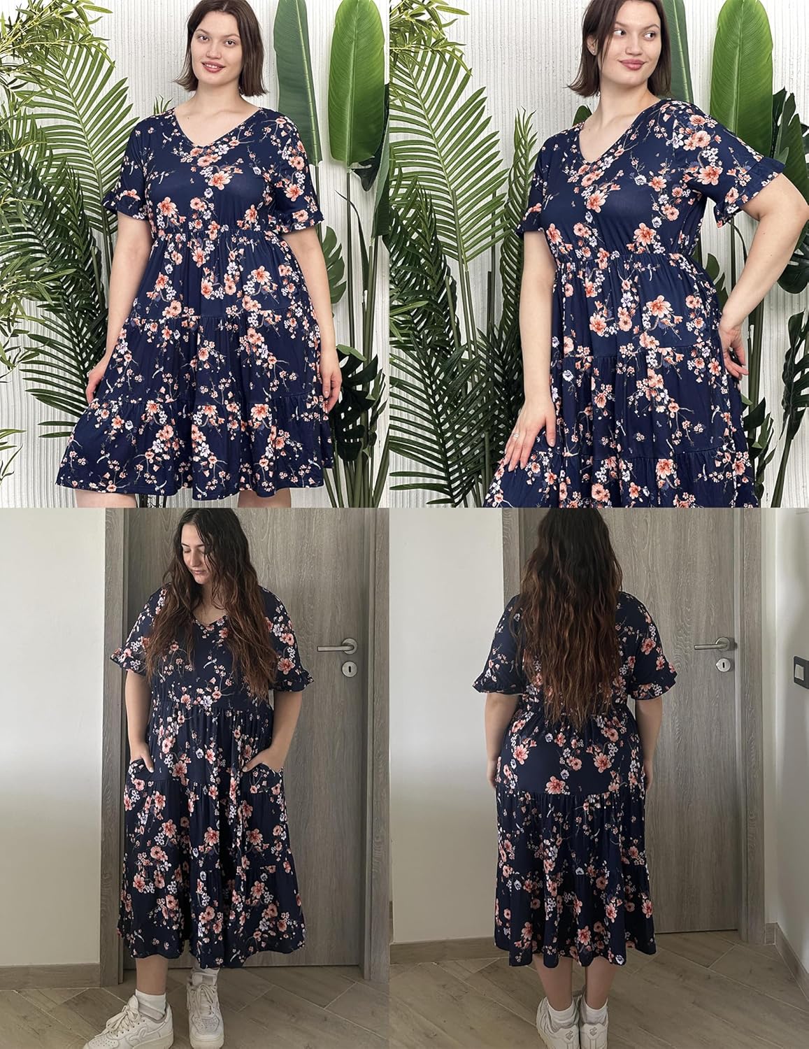 Womens Plus Size Short Sleeve Dress Summer Midi Casual Tiered V-Neck Aline Flowy Loose Dresses