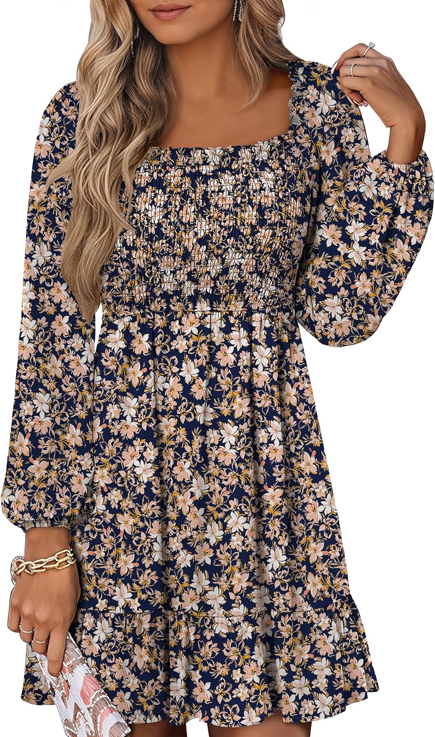 Womens Long Lantern Sleeve Square Neck Dress Smocked Tiered High Waist Ruffle Flowy Swing 2025