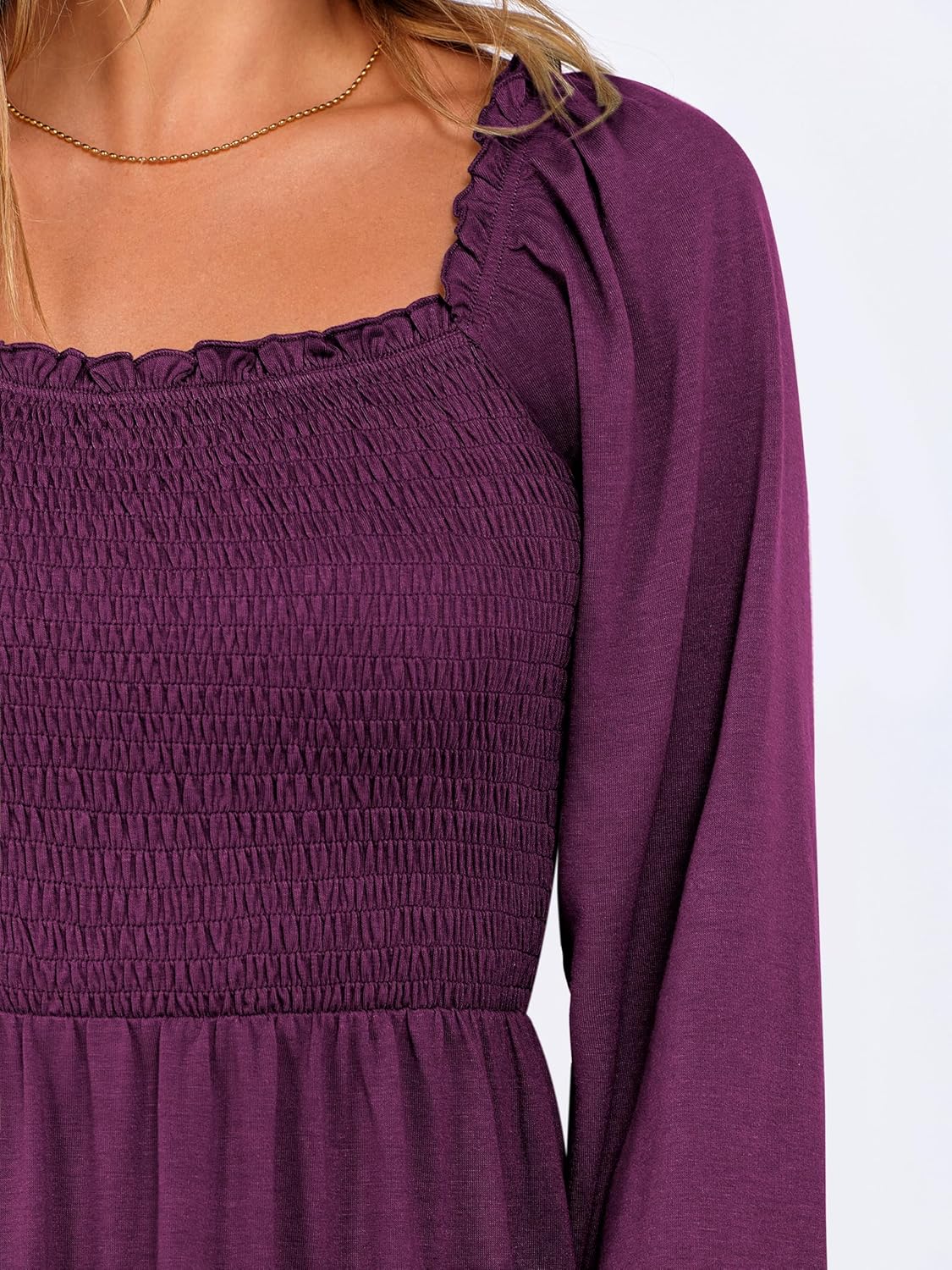 Womens Long Lantern Sleeve Square Neck Dress Smocked Tiered High Waist Ruffle Flowy Swing 2025