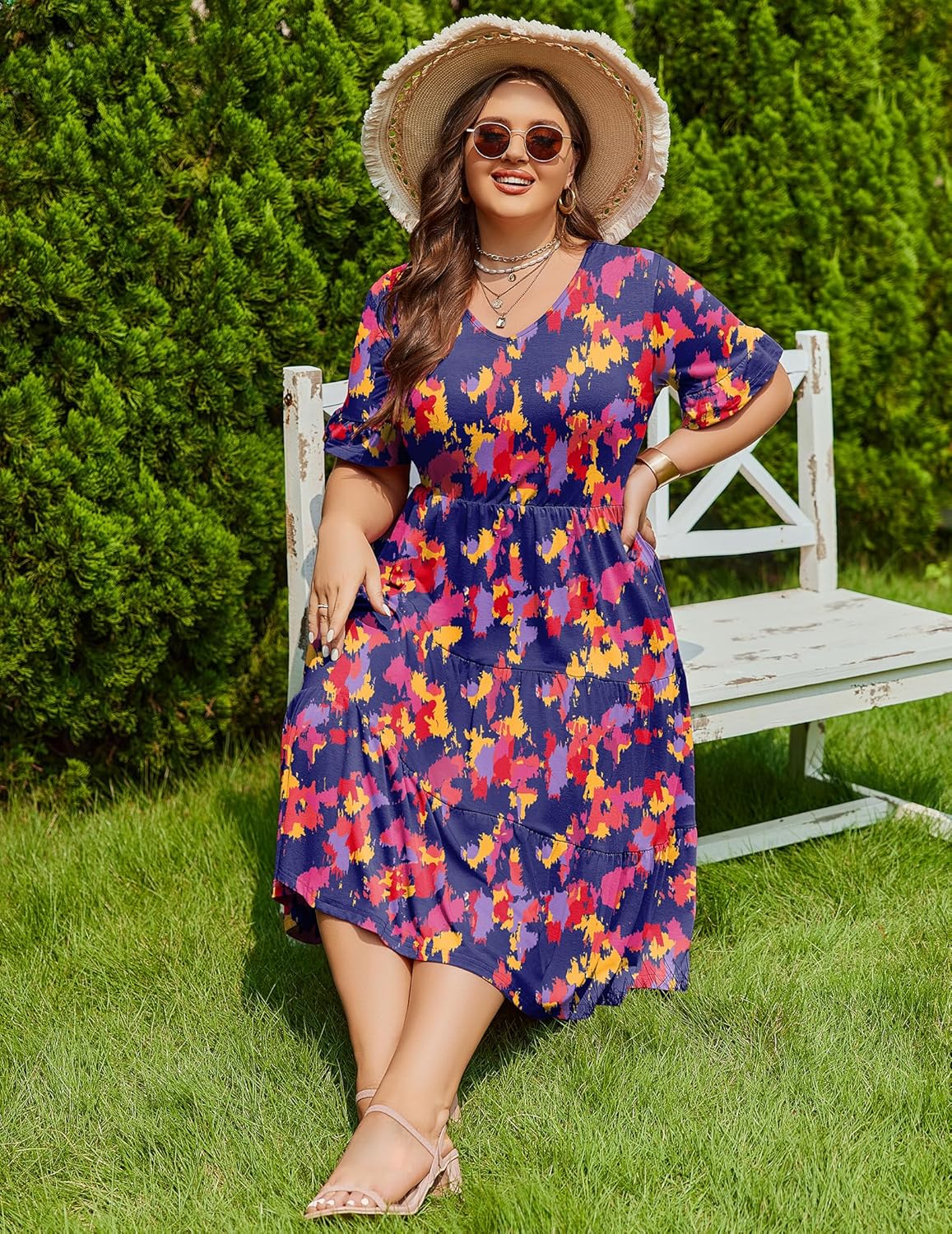 Womens Plus Size Short Sleeve Dress Summer Midi Casual Tiered V-Neck Aline Flowy Loose Dresses