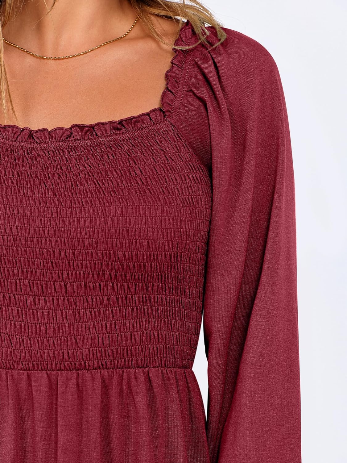 Womens Long Lantern Sleeve Square Neck Dress Smocked Tiered High Waist Ruffle Flowy Swing 2025