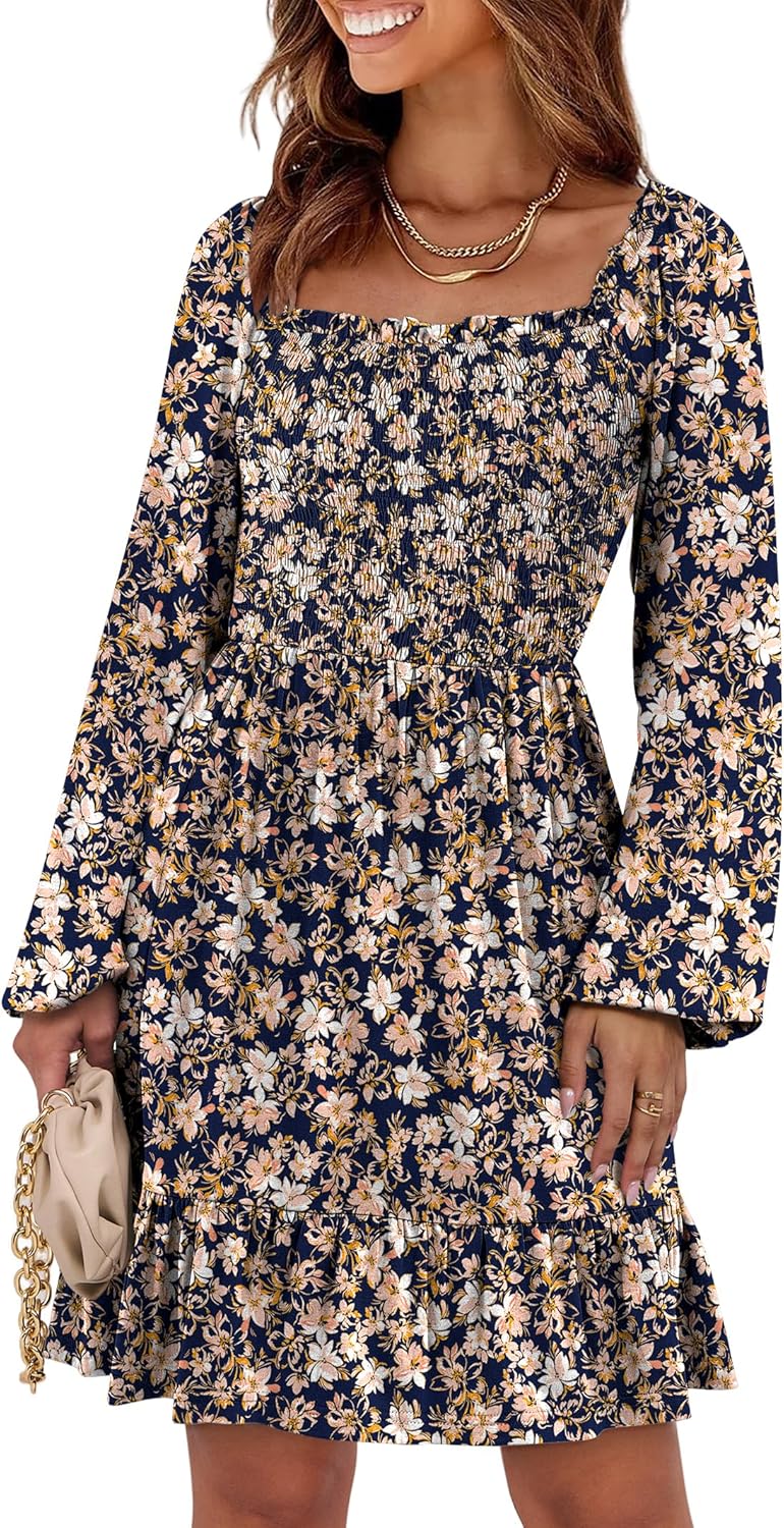 Womens Long Lantern Sleeve Square Neck Dress Smocked Tiered High Waist Ruffle Flowy Swing 2025