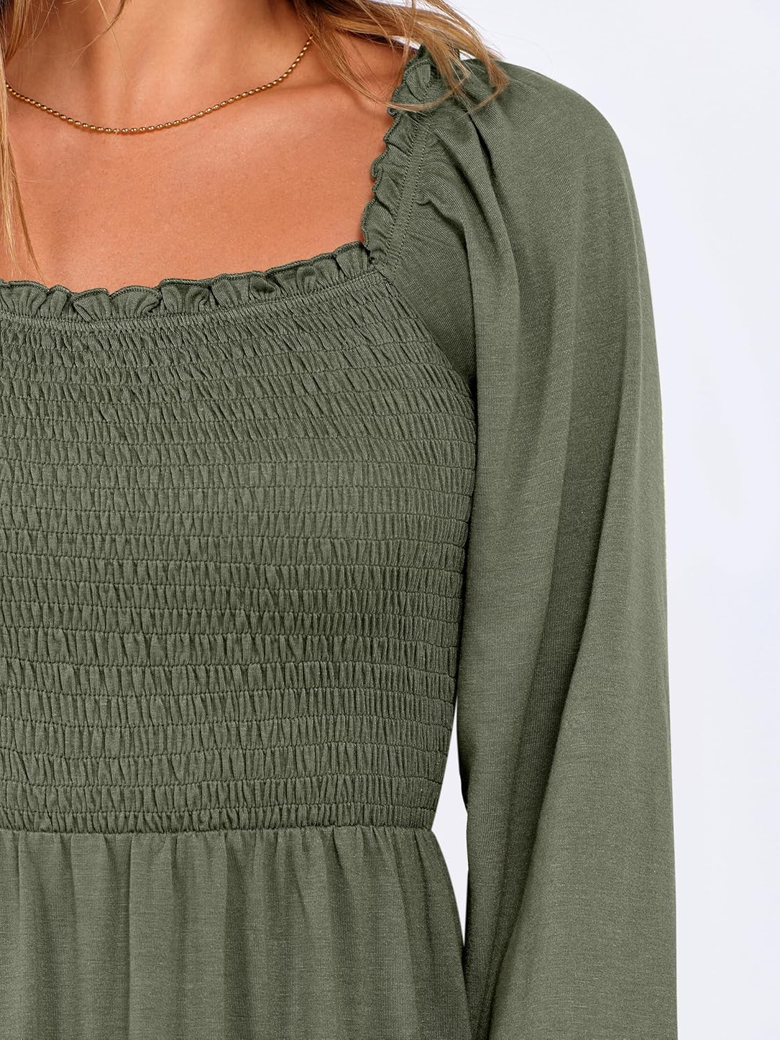 Womens Long Lantern Sleeve Square Neck Dress Smocked Tiered High Waist Ruffle Flowy Swing 2025