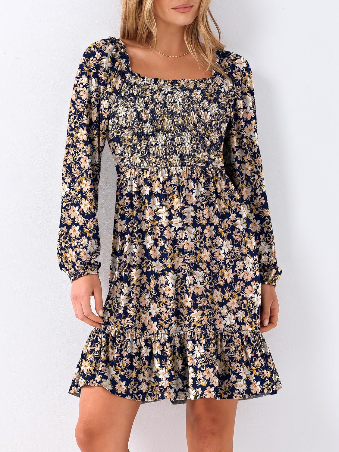 Womens Long Lantern Sleeve Square Neck Dress Smocked Tiered High Waist Ruffle Flowy Swing 2025