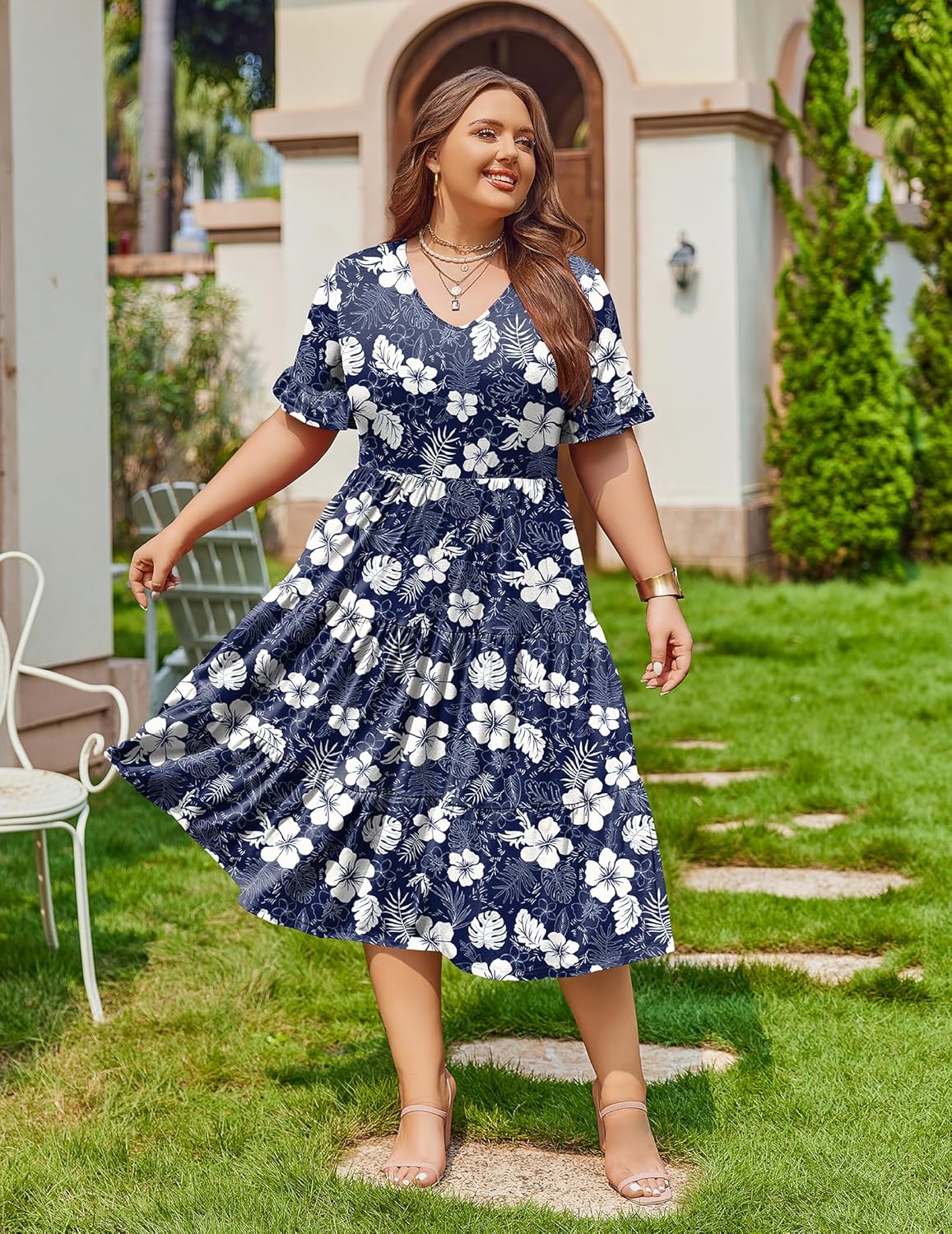 Womens Plus Size Short Sleeve Dress Summer Midi Casual Tiered V-Neck Aline Flowy Loose Dresses