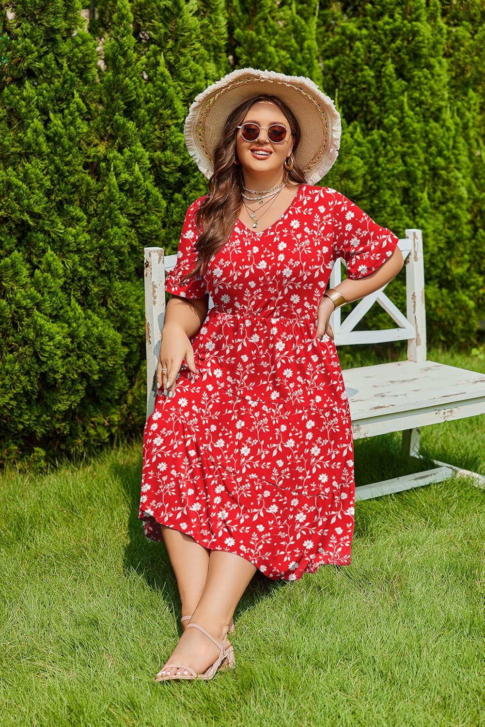 Womens Plus Size Short Sleeve Dress Summer Midi Casual Tiered V-Neck Aline Flowy Loose Dresses